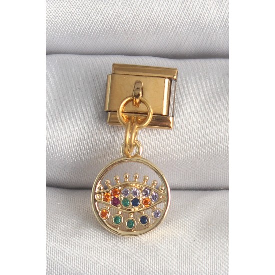 316L Çelik Gold Renk Sallantı Renkli Zirkon Taşlı Göz Model Nomination Charm