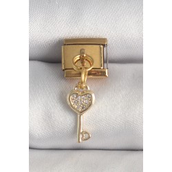 316L Çelik Gold Renk Sallantı Zirkon Taşlı Kalpli Anahtar Model Nomination Charm