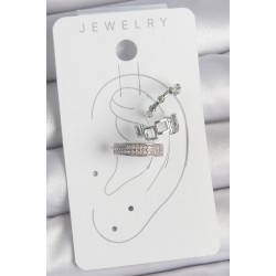 Pirinç Gümüş Renk Zirkon Taşlı 3'Lü Model Kare Bambu Model Kadın Kıkırdak Küpe