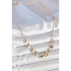 Sıralı Karışık Renk Zirkon Taşlı Gold Pirinç Kolye