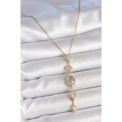 316L Çelik Zincir Gold Renk Pembe Zirkon Taşlı Y Kolye
