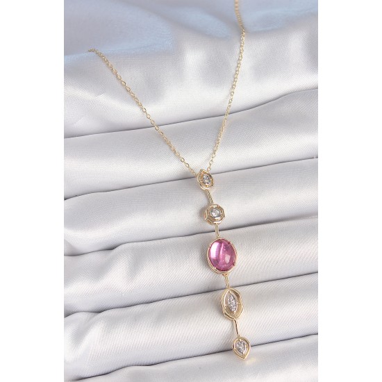 Pirinç Zincir Gold Renk Pembe Zirkon Taşlı Y Kolye Pirinç Zincir Gold Renk Pembe Zirkon Taşlı Y Kolye
