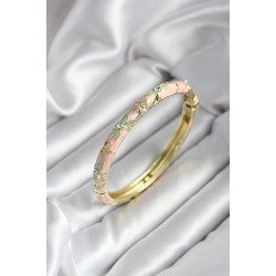 Mineli Pirinç Pembe Çiçek Desenli Zirkon Taşlı Gold Renk Kadın Kelepçe