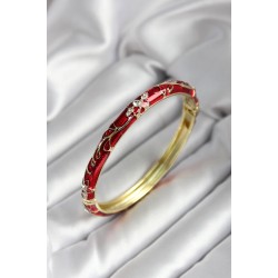 Mineli Pirinç Kırmızı Çiçek Desenli Zirkon Taşlı Gold Renk Kadın Kelepçe