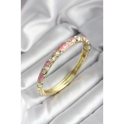 Mineli Pirinç Pembe Çiçek Desenli Zirkon Taşlı Gold Renk Kadın Kelepçe