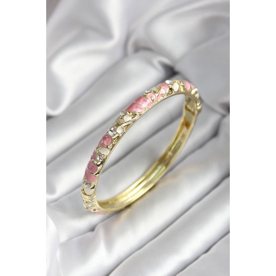 Mineli Pirinç Pembe Çiçek Desenli Zirkon Taşlı Gold Renk Kadın Kelepçe Mineli Pirinç Pembe Çiçek Desenli Zirkon Taşlı Gold Renk Kadın Kelepçe