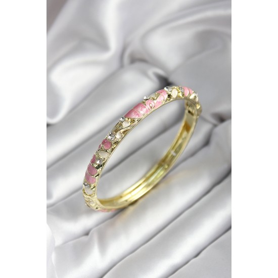 Mineli Pirinç Pembe Çiçek Desenli Zirkon Taşlı Gold Renk Kadın Kelepçe Mineli Pirinç Pembe Çiçek Desenli Zirkon Taşlı Gold Renk Kadın Kelepçe