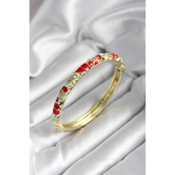 Mineli Pirinç Kırmızı Çiçek Desenli Gold Renk Kadın Kelepçe