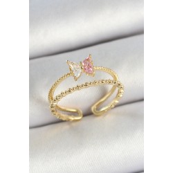 Pirinç Kelebek Figürlü Zirkon Taşlı Gold Renk Ayarlanabilir Kadın Yüzük