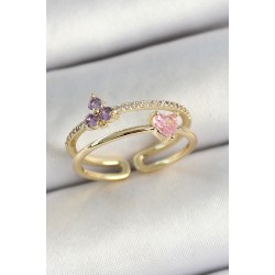 Pirinç Kalp Ve Çiçek Figürlü Zirkon Taşlı Gold Renk Ayarlanabilir Kadın Yüzük