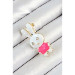 Zirkon Taş Detaylı Beyaz Ve Pembe 3D Tavşan Figürlü Kadın Broş