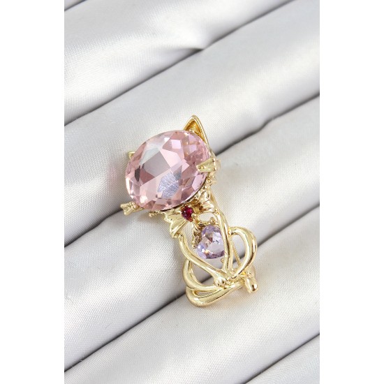 Pembe Zirkon Taşlı Kap Detaylı Kedi Figürlü Gold Renk Kadın Broş Pembe Zirkon Taşlı Kap Detaylı Kedi Figürlü Gold Renk Kadın Broş