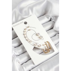 316L Çelik Dikdörtgen Figürlü Ve Zirkon Taşlı Gold Renk 7'li Çift Kadın Küpe Set