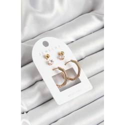 Pirinç Zirkon Taş Ve Kemik Halka Figürlü Gold Renk 3'lü Çift Kadın Küpe Set