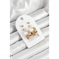 Pirinç Zirkon Taş Ve Halka Figürlü Gold Renk 3'lü Çift Kadın Küpe Set