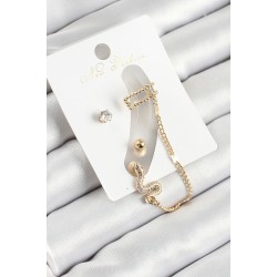 Pirinç Yılan Figürlü Zirkon Taşlı Gold Renk 3'lü Kıkırdak Kadın Küpe Set