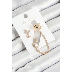 Pirinç Kelebek Figürlü Zirkon Taşlı Gold Renk 3'lü Kıkırdak Kadın Küpe Set