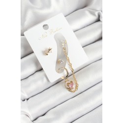 Pirinç Fiyonk ve Kalp Figürlü Zirkon Taşlı Gold Renk 3'lü Kıkırdak Kadın Küpe Set