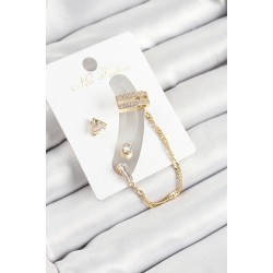Pirinç Üçgen Figürlü Zirkon Taşlı Gold Renk 3'lü Kıkırdak Kadın Küpe Set