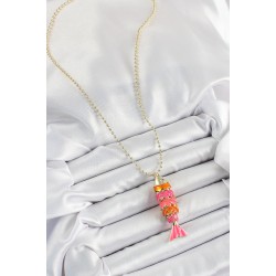 Pirinç Pembe Ve Turuncu Balık Model Zirkon Taşlı Gold Renk Kadın Kolye