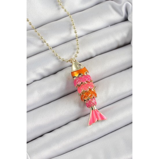 Pirinç Pembe Ve Turuncu Balık Model Zirkon Taşlı Gold Renk Kadın Kolye Pirinç Pembe Ve Turuncu Balık Model Zirkon Taşlı Gold Renk Kadın Kolye