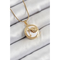 316L Çelik Zincir Beyaz Mineli Sanatsal Portre İstiridye Model Gold Renk Kadın Kolye