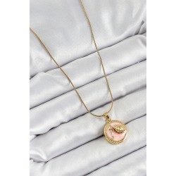 316L Çelik Zincir Pembe Mineli Sanatsal Portre İstiridye Model Gold Renk Kadın Kolye