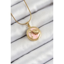 316L Çelik Zincir Pembe Mineli Sanatsal Portre İstiridye Model Gold Renk Kadın Kolye