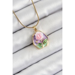 316L Çelik Zincir Zirkon Taşlı Pembe Ve Mor Sanatsal Portre Gül Figürlü Beşgen Model Gold Renk Kadın Kolye