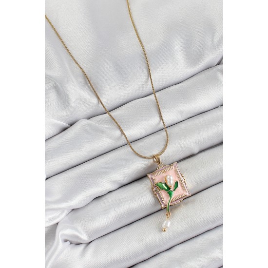 316L Çelik Zincir Pembe Sanatsal Portre Sallantılı İnci Detaylı Lale Model Gold Renk Kadın Kolye 316L Çelik Zincir Pembe Sanatsal Portre Sallantılı İnci Detaylı Lale Model Gold Renk Kadın Kolye