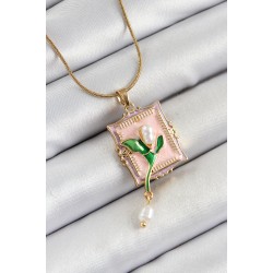316L Çelik Zincir Pembe Sanatsal Portre Sallantılı İnci Detaylı Lale Model Gold Renk Kadın Kolye