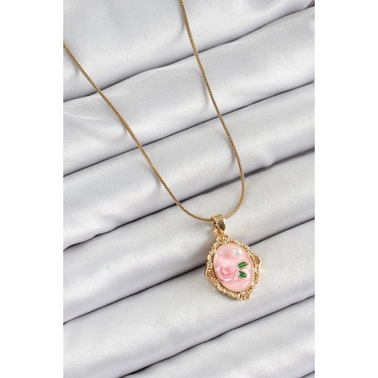 316L Çelik Zincir Pembe Sanatsal Portre İnci Detaylı Gül Figürlü Model Gold Renk Kadın Kolye 316L Çelik Zincir Pembe Sanatsal Portre İnci Detaylı Gül Figürlü Model Gold Renk Kadın Kolye
