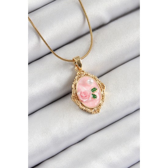 316L Çelik Zincir Pembe Sanatsal Portre İnci Detaylı Gül Figürlü Model Gold Renk Kadın Kolye 316L Çelik Zincir Pembe Sanatsal Portre İnci Detaylı Gül Figürlü Model Gold Renk Kadın Kolye