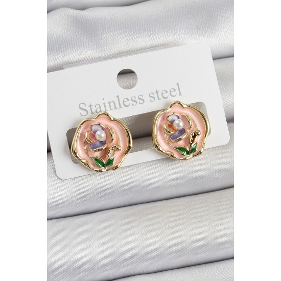 Pirinç Pembe Mineli Çiçek Figürlü Sanatsal Portre Model Gold Renk Kadın Küpe Pirinç Pembe Mineli Çiçek Figürlü Sanatsal Portre Model Gold Renk Kadın Küpe