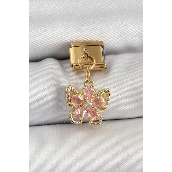 316L Çelik Sallantılı Zirkon Taşlı Çiçek Figürlü Kelebek Model Gold Renk Nomination Charm 316L Çelik Sallantılı Zirkon Taşlı Çiçek Figürlü Kelebek Model Gold Renk Nomination Charm