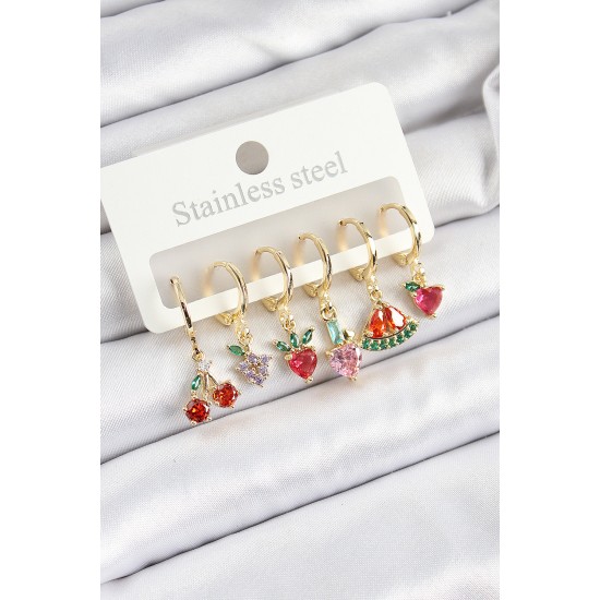 Pirinç Zirkon Taşlı Meyve Temalı Karışık Model Gold Renk 6'lı Set Kadın Küpe Pirinç Zirkon Taşlı Meyve Temalı Karışık Model Gold Renk 6'lı Set Kadın Küpe