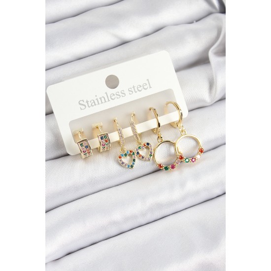 Pirinç Zirkon Taşlı Kalp Ve Halka Model Gold Renk 6'lı Set Kadın Küpe Pirinç Zirkon Taşlı Kalp Ve Halka Model Gold Renk 6'lı Set Kadın Küpe