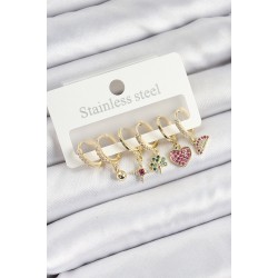 Pirinç Zirkon Taşlı Karpuz Yonca Kalp Pusula Karışık Model Gold Renk 6'lı Set Kadın Küpe