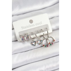 Pirinç Zirkon Taşlı Kalp Ve Halka Model Gold Renk 6'lı Set Kadın Küpe