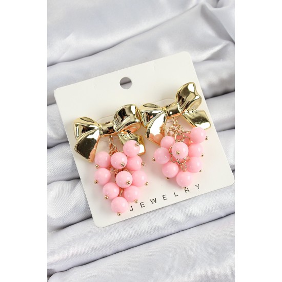 Pirinç Sallantılı Pembe Boncuklu Fiyonk Vintage Model Gold Renk Kadın Küpe Pirinç Sallantılı Pembe Boncuklu Fiyonk Vintage Model Gold Renk Kadın Küpe