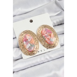 Pirinç Mermer Desenlli Pembe Sedef Oval Vintage Model Gold Renk Kadın Küpe