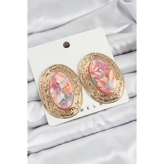 Pirinç Mermer Desenlli Pembe Sedef Oval Vintage Model Gold Renk Kadın Küpe