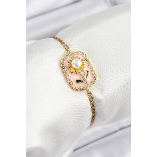 316L Çelik Zincir Pembe Mineli Sanatsal Portre İnci Detaylı Papatya Model Gold Renk Kadın Bileklik 316L Çelik Zincir Pembe Mineli Sanatsal Portre İnci Detaylı Papatya Model Gold Renk Kadın Bileklik