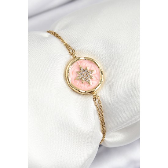 316L Çelik Zincir Pembe Mineli Sanatsal Portre Kuzey Yıldızı Model Gold Renk Kadın Bileklik 316L Çelik Zincir Pembe Mineli Sanatsal Portre Kuzey Yıldızı Model Gold Renk Kadın Bileklik