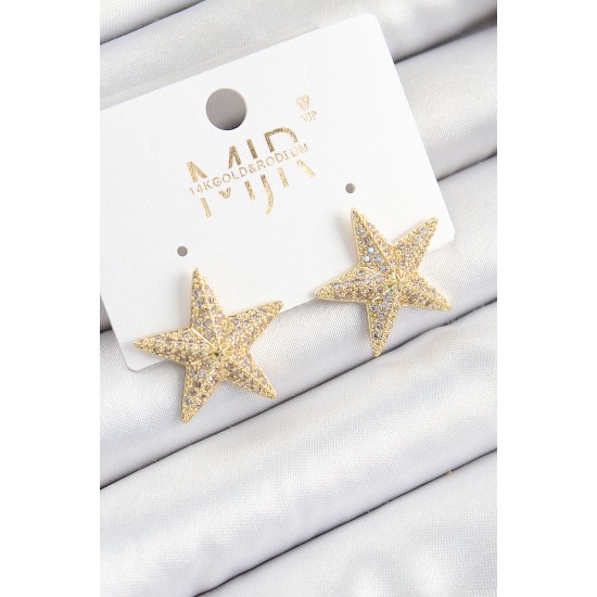 Pirinç Zirkon Taşlı Yıldız Model Gold Renk Kadın Küpe