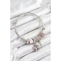 316L Çelik Pembe Nazarlı Zirkon Taşlı İnci Detaylı Hayat Ağacı Model Gümüş Renk Charm Bileklik