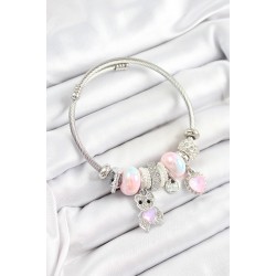 316L Çelik Pembe Zirkon Taşlı Ayıcık Ve Kalp Model Gümüş Renk Charm Bileklik