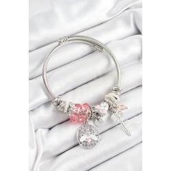 316L Çelik Pembe Zirkon Taşlı Baykuş Arı Ve Anahtar Model Gümüş Renk Charm Bileklik