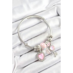316L Çelik Pembe Zirkon Taşlı Yıldız Anahtar Ve Kalp Model Gümüş Renk Charm Bileklik