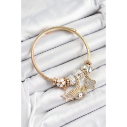 316L Çelik Beyaz Zirkon Taşlı Yıldız Göz Ve Yonca Model Gold Renk Charm Bileklik